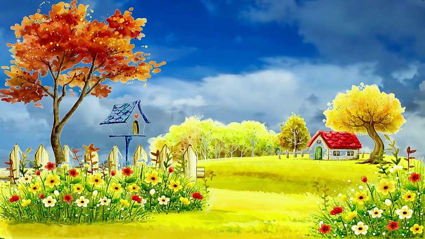 Piękna animacja 3D z przyrodą Jesienna wioska, 3D tła wideo E..., wiejska wiosna Tapeta HD