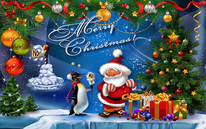 Weihnachtspostkarte Weihnachtsmann-Weihnachtsbaum mit Sankt-Geschenken unter Baum HD-Hintergrundbild