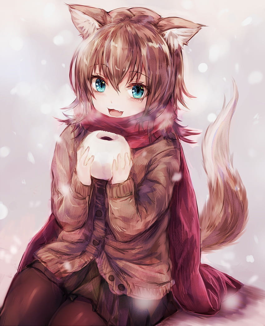 Tags: anime girls animal ears sweater tail brunette blue eyes, anime fox girl shy wallpaper ponsel HD