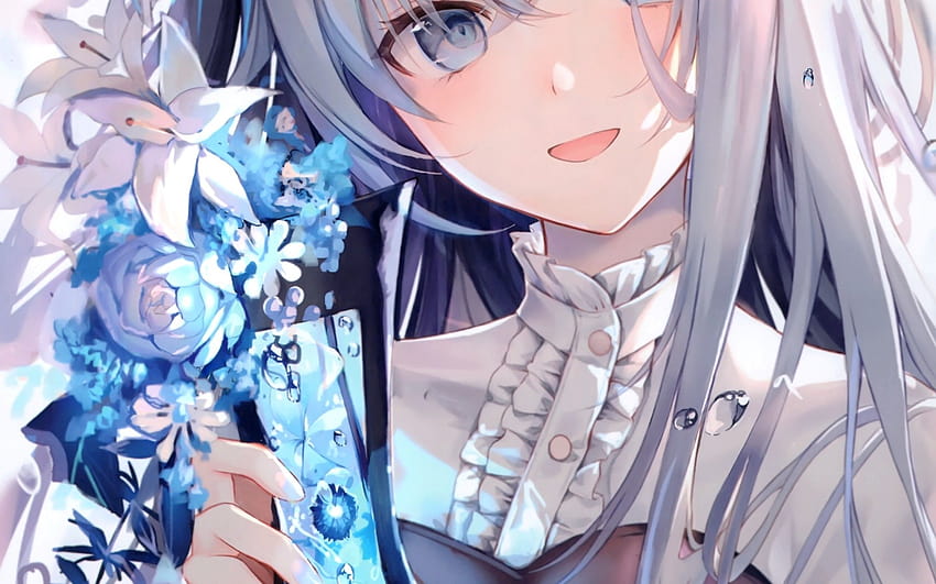 2560x1600 Beautiful Anime Girl, Gray Hair, Smiling, Blue Flowers, Glass ...