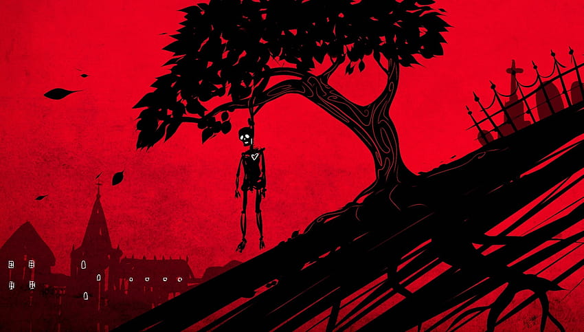sai, árvore, coração, casa, cerca, arte, esqueleto, fundo vermelho papel de parede HD