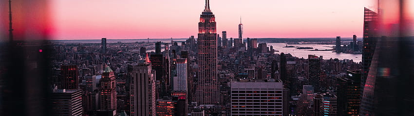 7680x2160 USA New York, Stadt, Wolkenkratzer, Gebäude, Himmel, Sonnenuntergang, Wolkenkratzer-Stadt von New York 2020 HD-Hintergrundbild