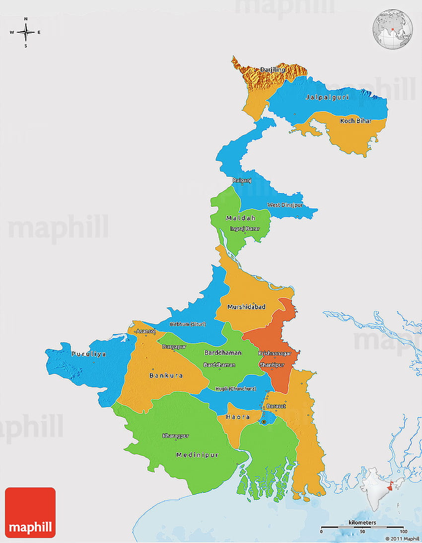 서쪽 벵골의 정치 3D 지도, 외부 단색, 서쪽 벵골 지도 HD 전화 배경 화면