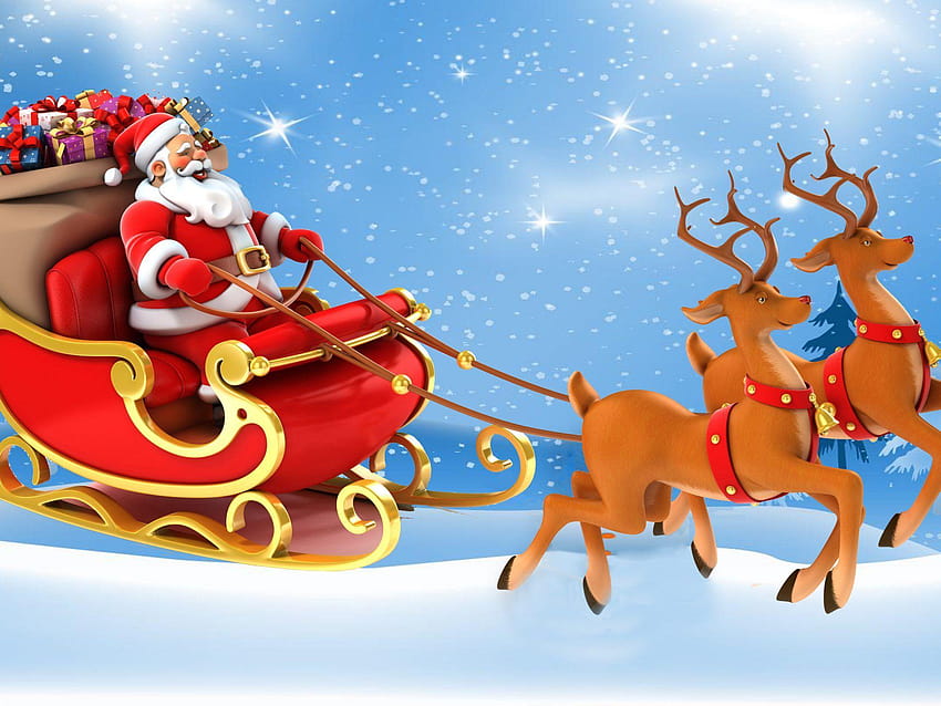 Cartão postal de Natal Papai Noel em um trenó com presentes Renas, renas de natal e trenó papel de parede HD