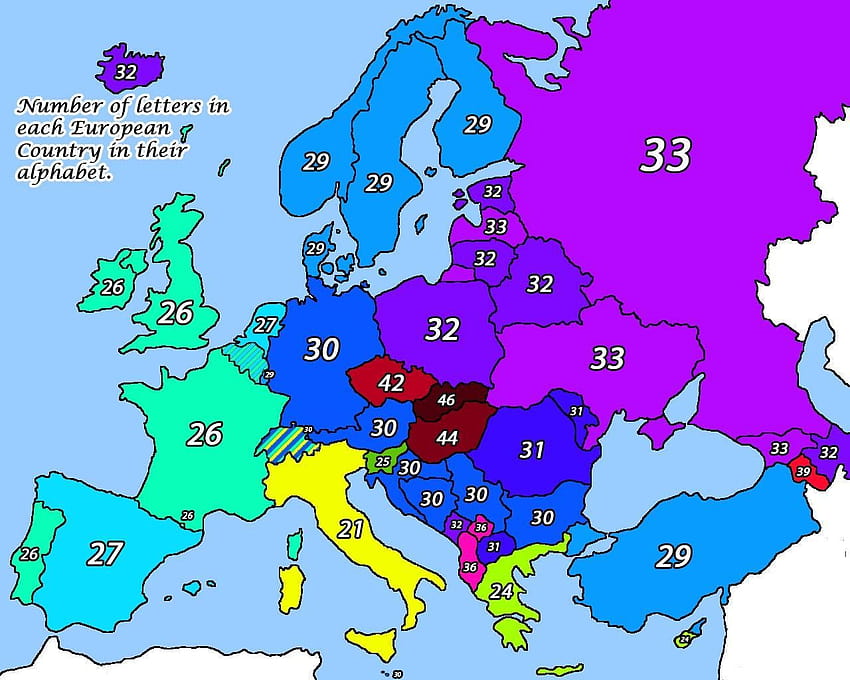 Jumlah huruf di setiap Negara Eropa dalam alfabet mereka. [1280x1084] Wallpaper HD