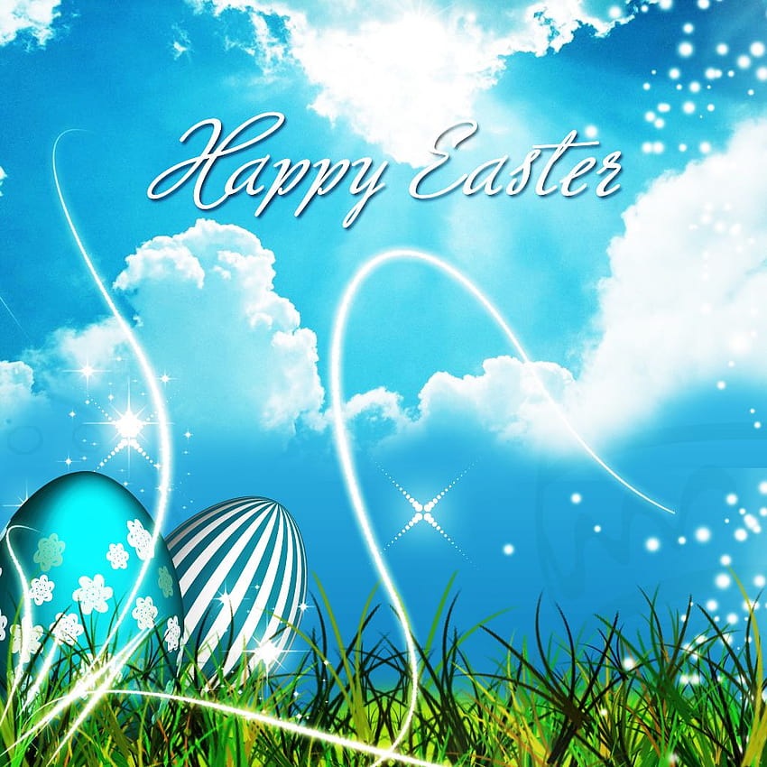 Greeting Happy Easter and painted egg in the grass [1024x1024] for your , Mobile & Tablet, blue easter HD phone wallpaper