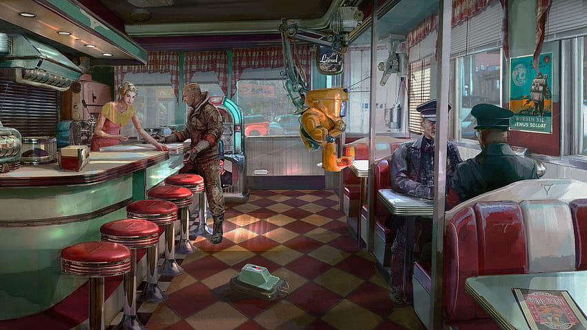 El interior de un restaurante en los Estados Unidos bajo la ocupación alemana fondo de pantalla
