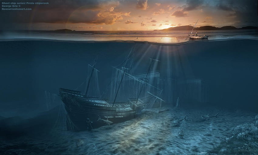Seria statków widmo: Wrak statku pirackiego: sztuka surrealistyczna Tapeta HD