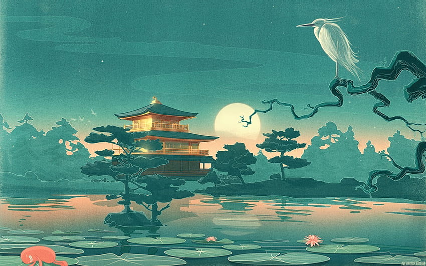 : trees, drawing, painting, forest, leaves, illustration, birds, animals, sea, night, Asian architecture, lake, nature, reflection, artwork, stars, branch, house, Moon, underwater, Japanese, water lilies, ART, ocean, 1280x800 px, computer HD wallpaper