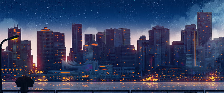 アニメの風景 都市 建物のシルエット 高画質の壁紙