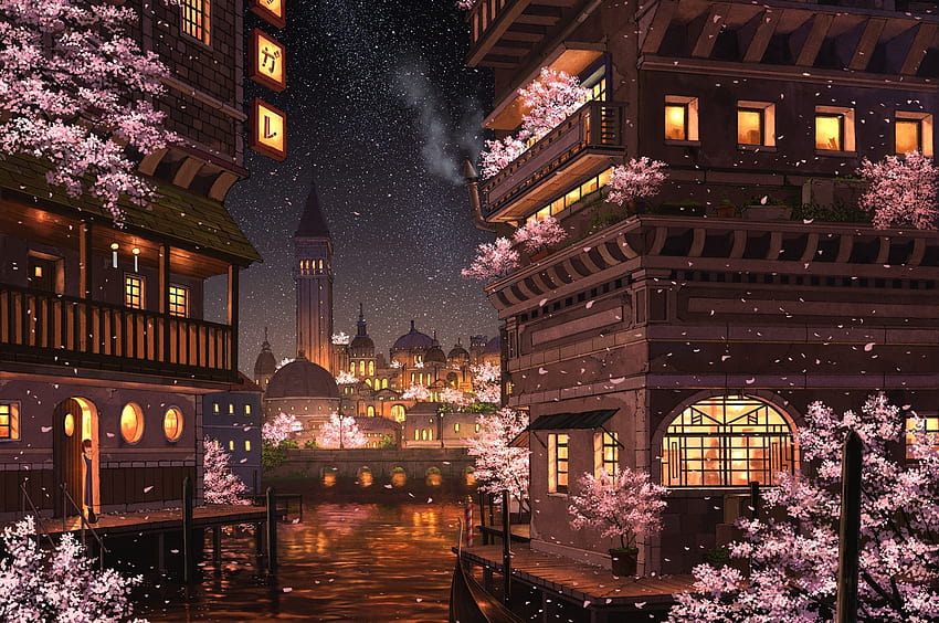 2560x1700 Anime City, Sakura Blossom, Night, Buildings, Lights, Stars, River para Chromebook Pixel, pixel city fondo de pantalla