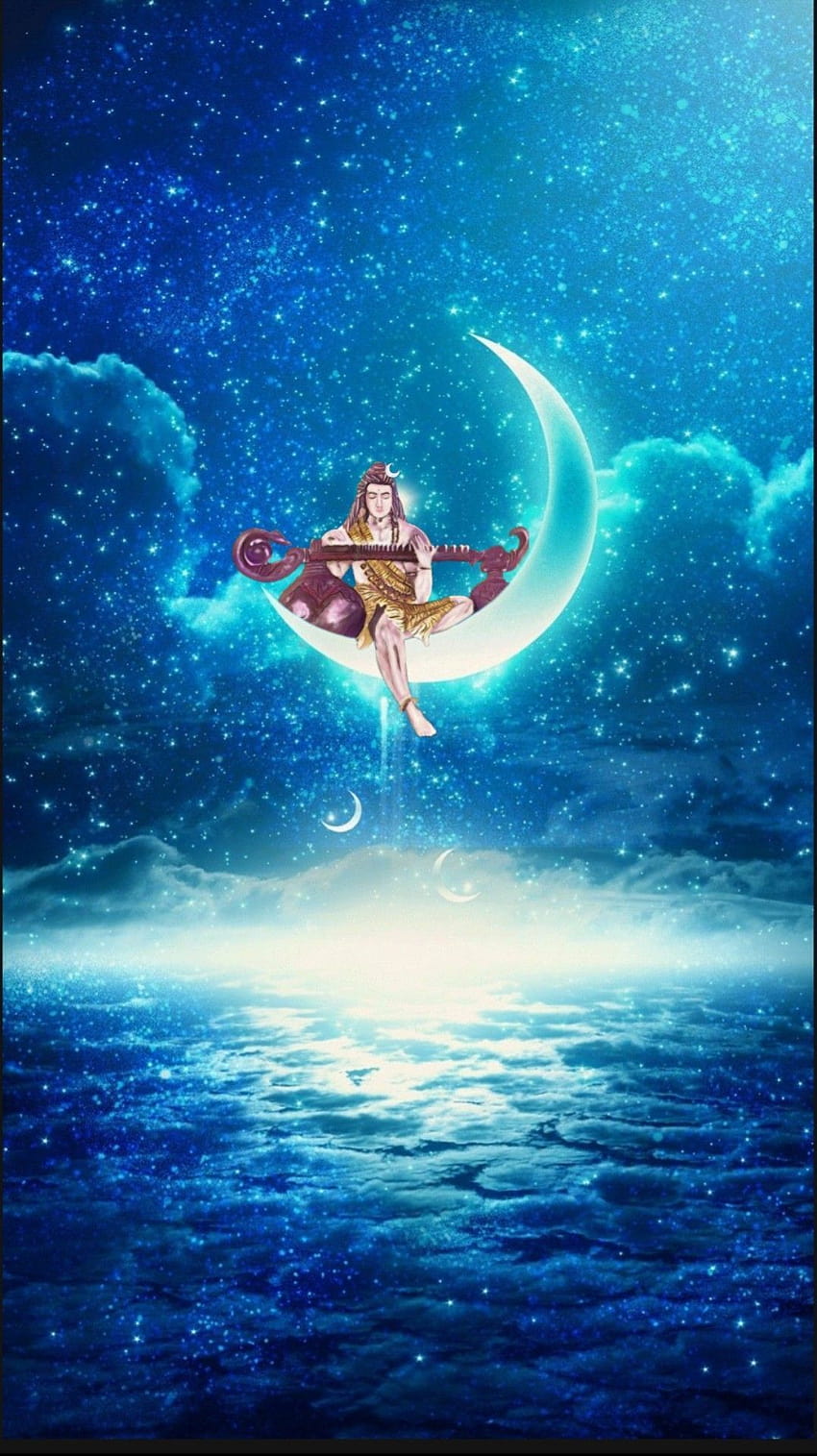 Lord Shiva jugando veena en la luna en la pintura de arte creativo fondo de pantalla del teléfono