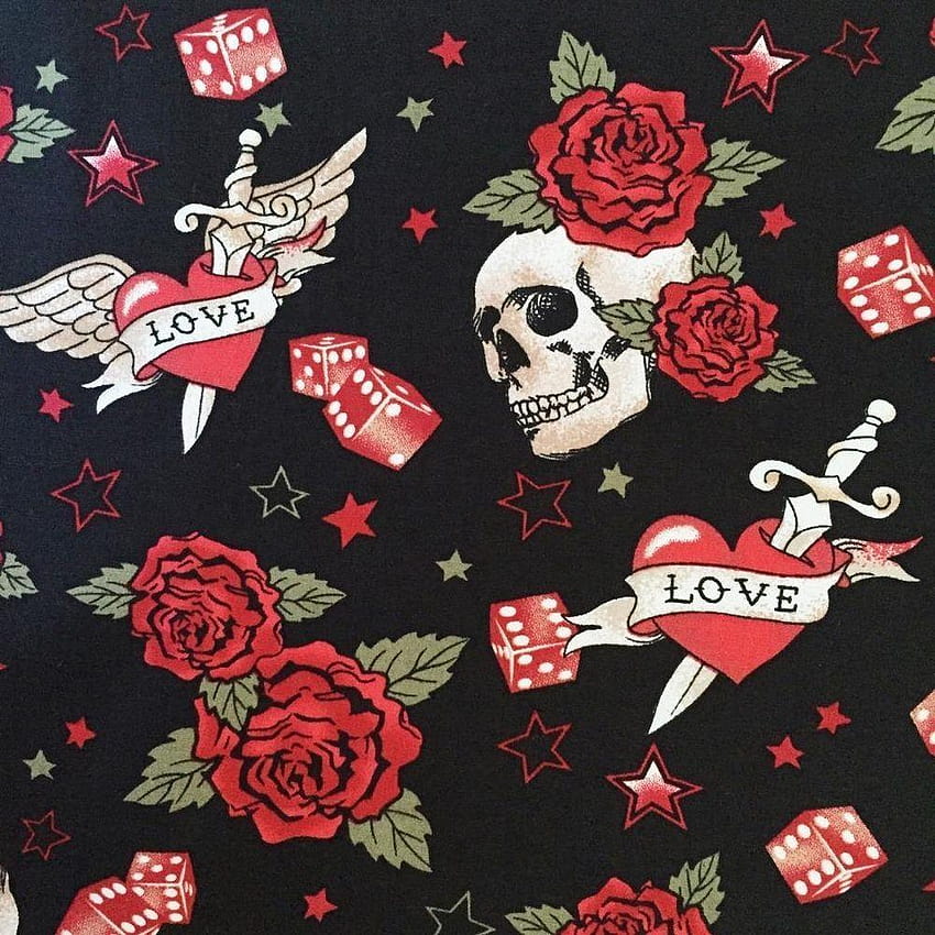 stkull rose dice love heart tattoo star STETCH cotton fabric, rockabilly HD phone wallpaper