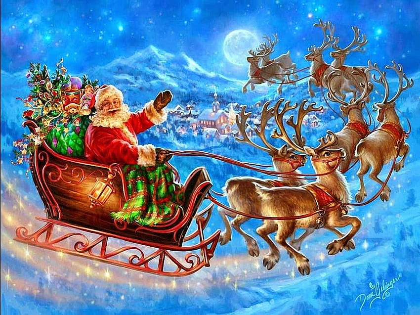 Santa S Slay, christmas reindeer and sleigh HD wallpaper