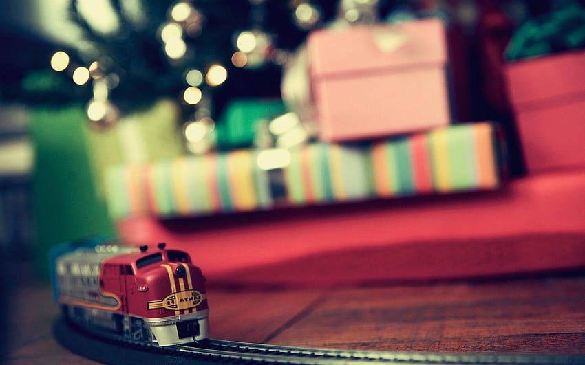 train new year presents christmas tree depth of field toys, christmas toys HD wallpaper
