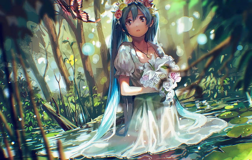 water, girl, flowers, nature, butterfly, bouquet, anime, iris flower anime HD wallpaper