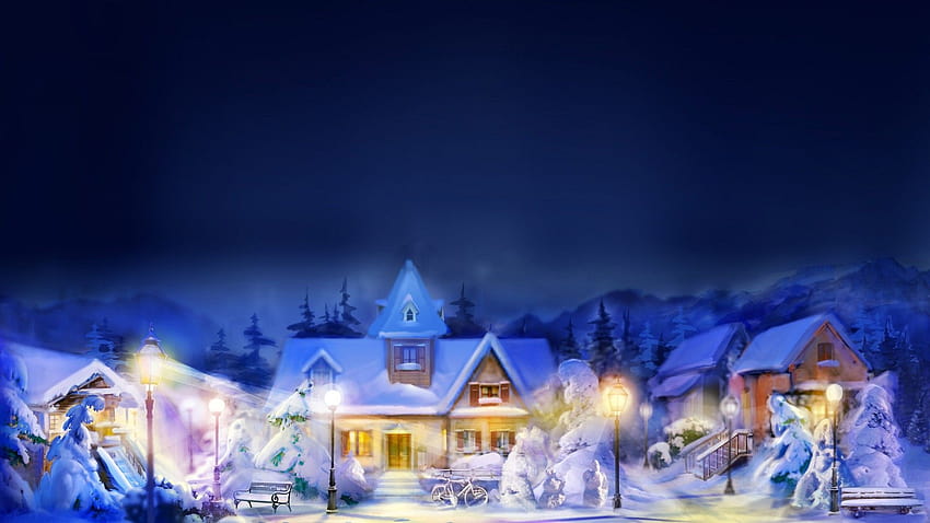 architecture, Building, Digital Art, Painting, Town, House, Snow, Winter, Lights, Blurred, Lamps, Christmas, Bench, Street, Trees, Mountain, Night / and Mobile Backgrounds, mountain lights digital art HD wallpaper