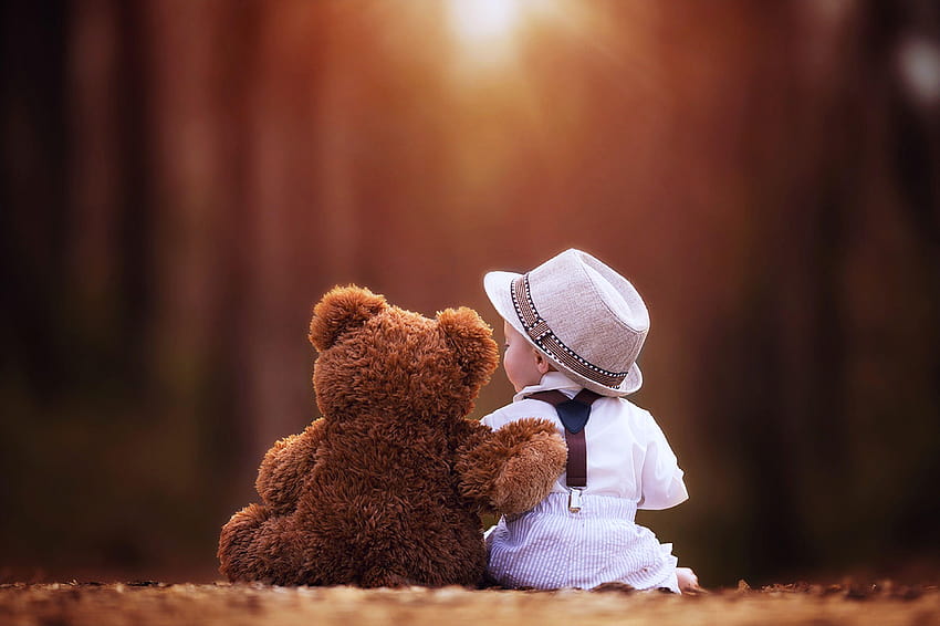 Cute Baby And Teddy Bear, boneka beruang cinta yang lucu Wallpaper HD