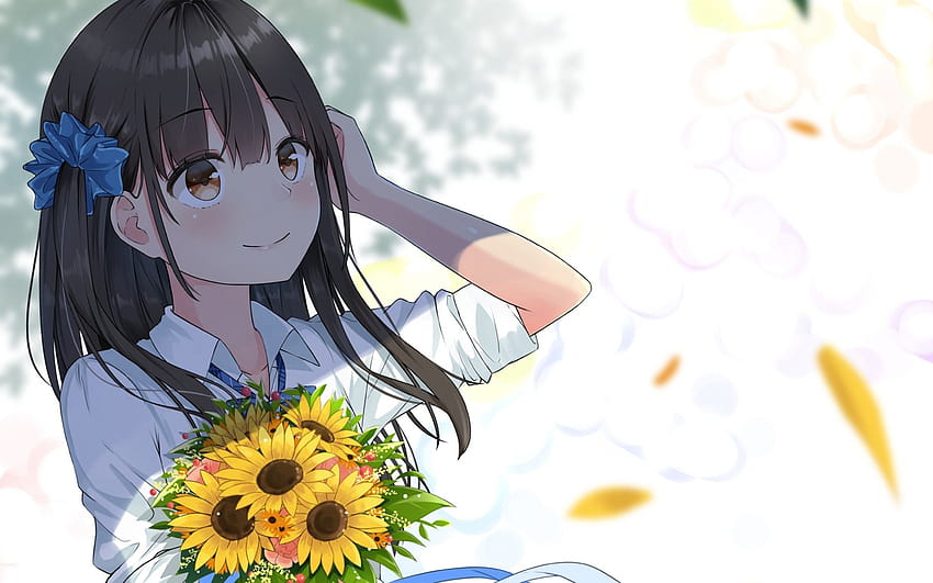 2880x1800 Anime Girl, Sunflowers, Brown Hair, Summer, brown haired summer HD wallpaper