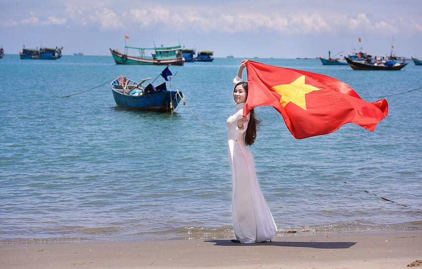 sea, summer, girl, face, boats, dress, flag, Vietnam, vietnam flag HD wallpaper