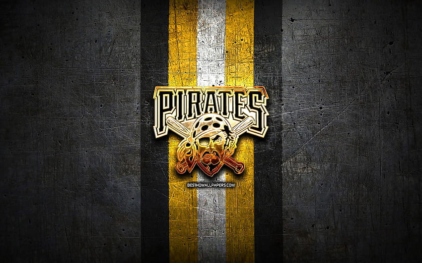 Pittsburgh Pirates, logo doré, MLB, fond en métal noir, équipe de baseball américaine, Major League Baseball, logo Pittsburgh Pirates, baseball, États-Unis avec une résolution de 2880x1800. Haute qualité, logo Fond d'écran HD