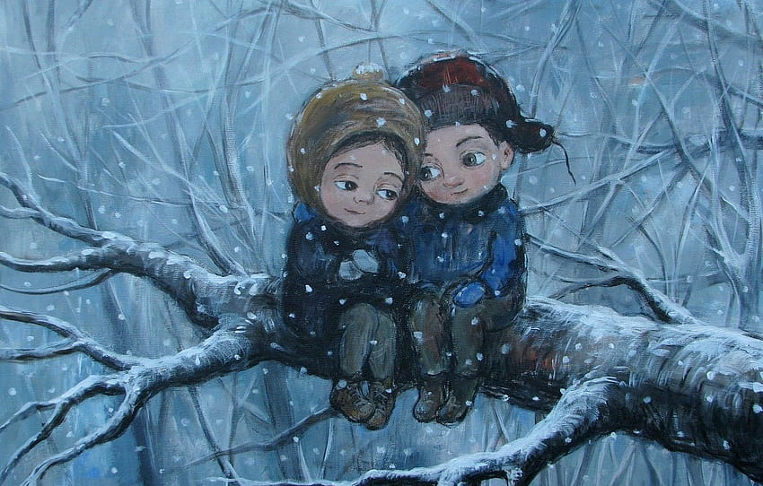 зима, дърво, чувства, клон, момче, момиче, приятели, грижа, Нино Чакветадзе , раздел настроения, момиче и момче през зимата HD тапет