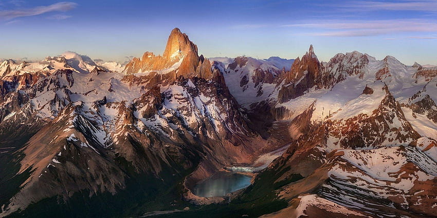 gunung, danau, matahari terbit, puncak bersalju, andes, patagonia, argentina Wallpaper HD