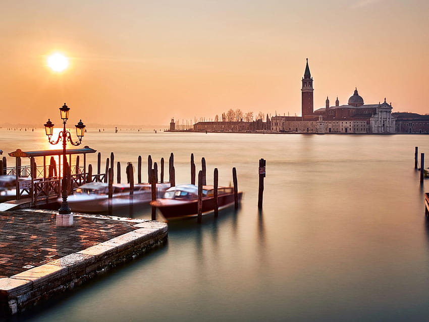 Venesia Italia Piazza San Marco Sunset Orange Sky Sea Water, tahun baru Venesia Wallpaper HD