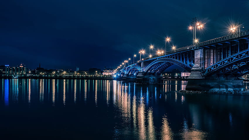 Cities Germany bridge river Mainz night time Street 2560x1440 HD wallpaper