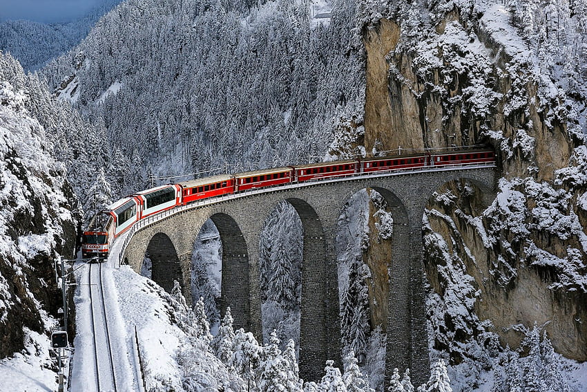 Train railway bridge winter snow trees forest mountains tunnel Switzerland, winter tunnel HD wallpaper