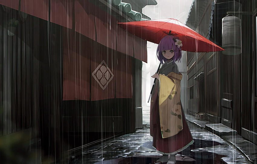 Girl, rain, dress, umbrella, anime, street, houses, anime rain girl ...