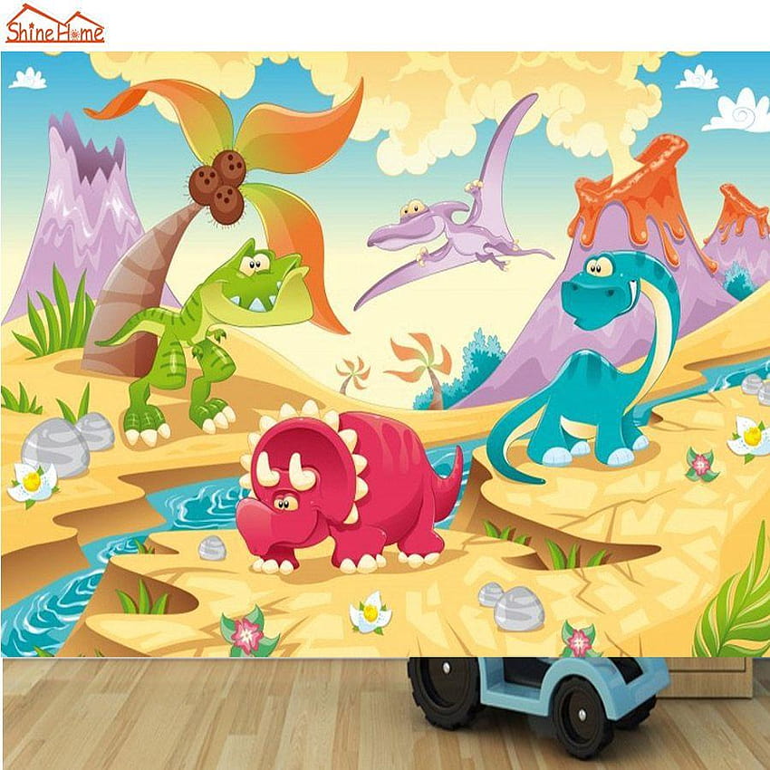 ShineHome DIY Kartun Hewan Dinosaurus Lucu Mural Gulungan Kertas Dinding, kartun dinosaurus wallpaper ponsel HD