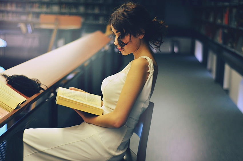 : women, model, brunette, glasses, sitting, white dress, graphy, books, reading, fashion, hair in face, Person, girl, beauty, woman, lady, human positions, shoot 2048x1356, women reading HD wallpaper
