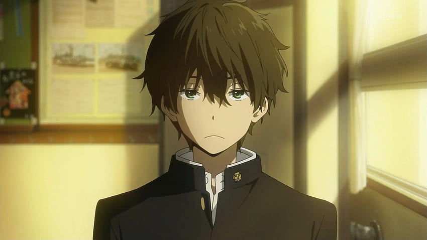 smutny, mundurek szkolny, zielone oczy, niechlujne włosy, Hyouka, anime smutne oko Tapeta HD
