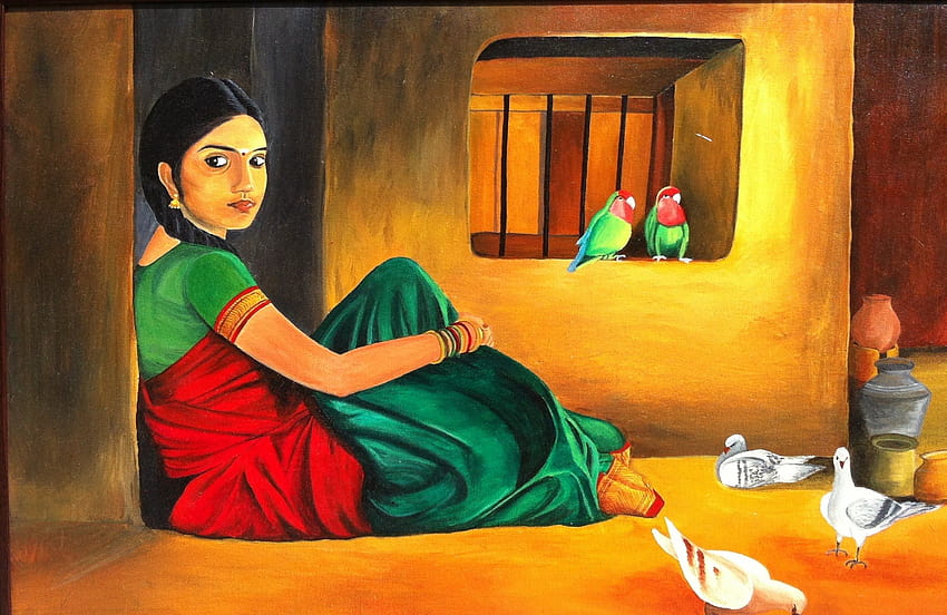 Женска на платно в PaintingValley, индийска женска живопис с маслени бои HD тапет