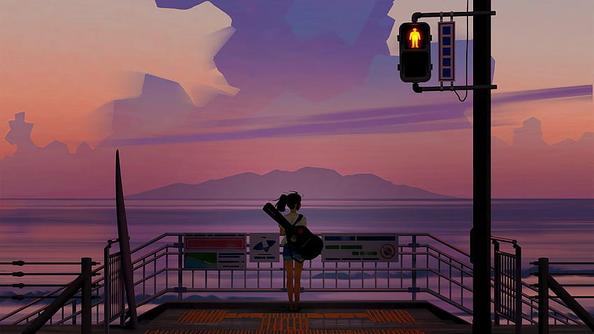 1366x768 Anime Girl With Guitar Watching The Sunset 1366x768, anime girl purple sunset HD wallpaper