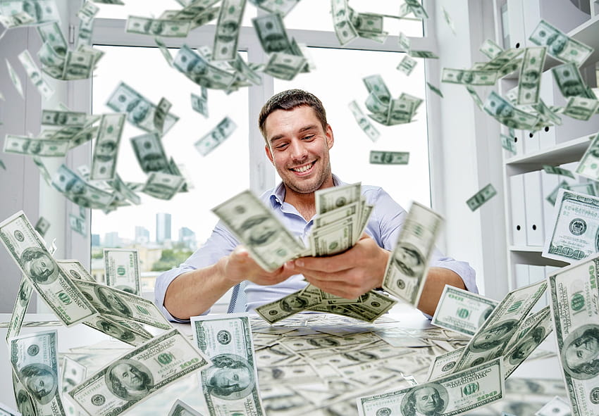 A smiling man is scattering dollars ...zastavki HD wallpaper