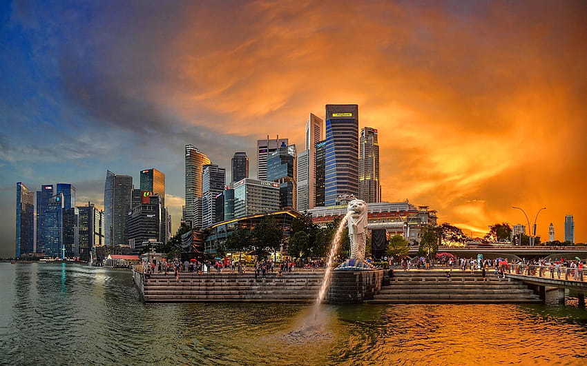 Singapore, Merlion Park, grattacieli, fiume, grattacieli di Singapore Sfondo HD