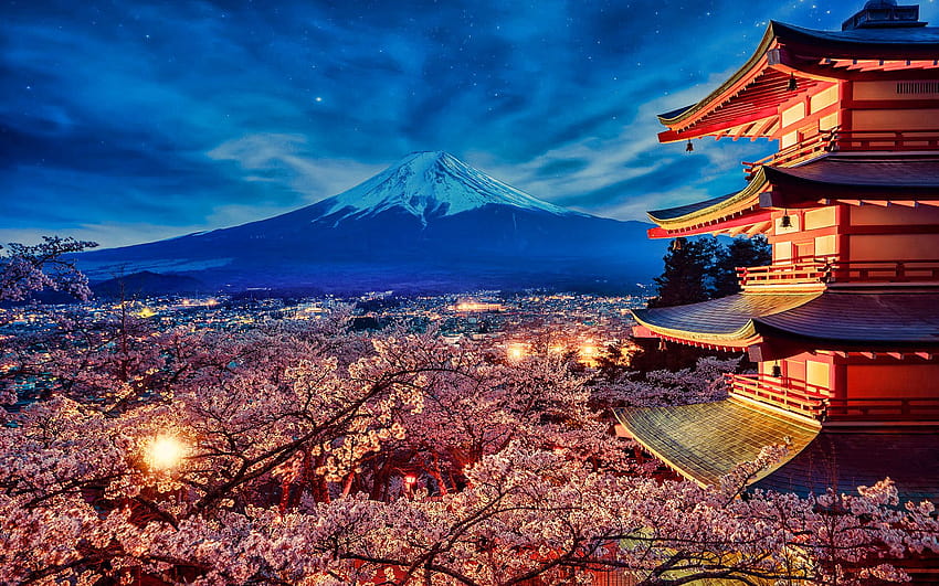 ภูเขาฟูจิ ฤดูใบไม้ผลิ ทิวทัศน์ยามค่ำคืน ภูเขา stratovolcano ฟูจิซัง ฟูจิยามะ เอเชีย สถานที่สำคัญของญี่ปุ่น ญี่ปุ่น ด้วยความละเอียด 1920x1200 คุณสูง วอลล์เปเปอร์ HD