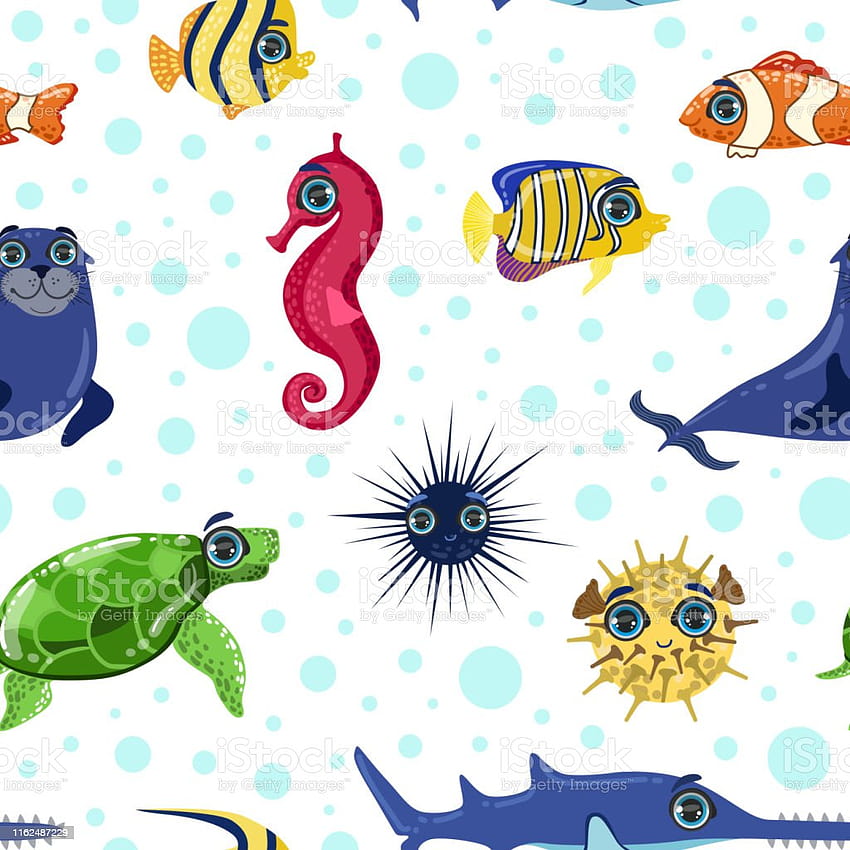 바다 동물, seamless, 패턴, 다채로운, 수중, 해양 생물, 디자인 요소, 통하고 있는, 포장 배경, 벡터, 삽화 스톡 일러스트 HD 전화 배경 화면