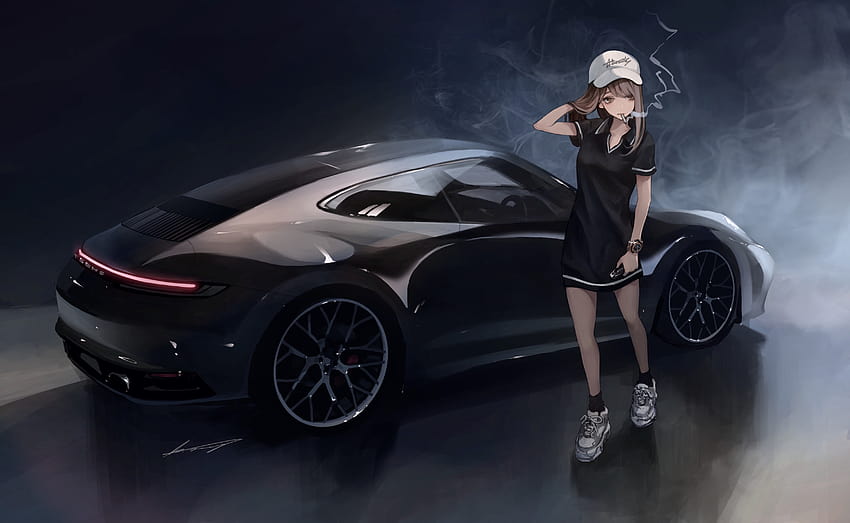 Anime Girl Porsche Smoking , 애니메이션, 배경 및, 애니메이션 자동차 HD 월페이퍼