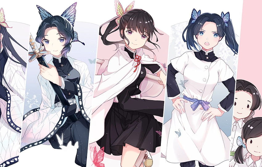 girls, collage, Black Hair, The Blade Cleaves Demons, Shinobu Kochou, Aoi Kanzaki, Kanae Kochou , section игры HD wallpaper