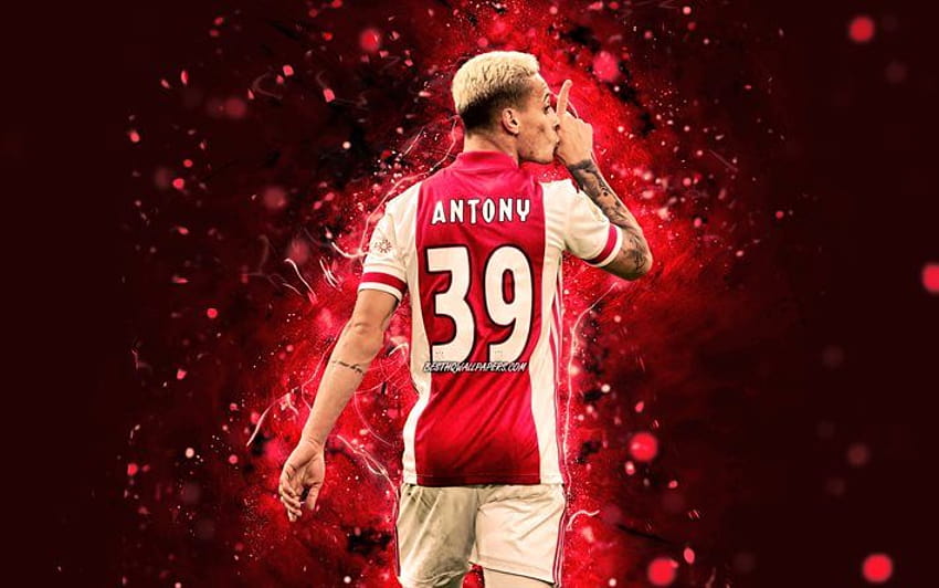 Antony, arkadan görünüm, Ajax FC, Eredivisie, Brezilyalı futbolcular, futbol, ​​Antony Matheus dos Santos, mor neon ışıklar, Antony Ajax., ajax 2021 HD duvar kağıdı