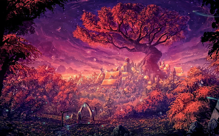 2880x1800 Fantasy Landscape, Village, Sacred Tree, Tablets, Magical, Autumn para MacBook Pro de 15 pulgadas, otoño mágico fondo de pantalla