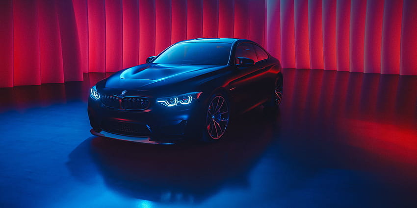 black BMW sedan, BMW M4, car, cyan, blue, red, glowing, black cars, blue car HD wallpaper