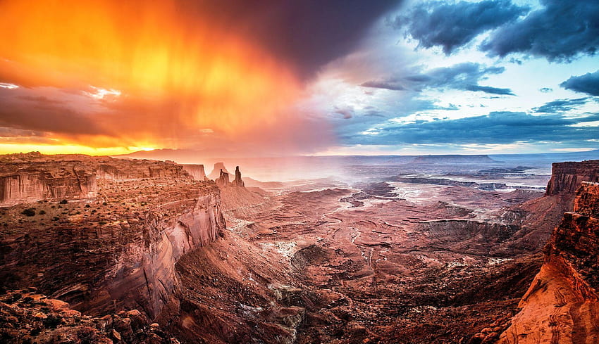 sunrise, canyon, blue, storm, white, sky, erosion, desert, red, canyonlands national park HD wallpaper