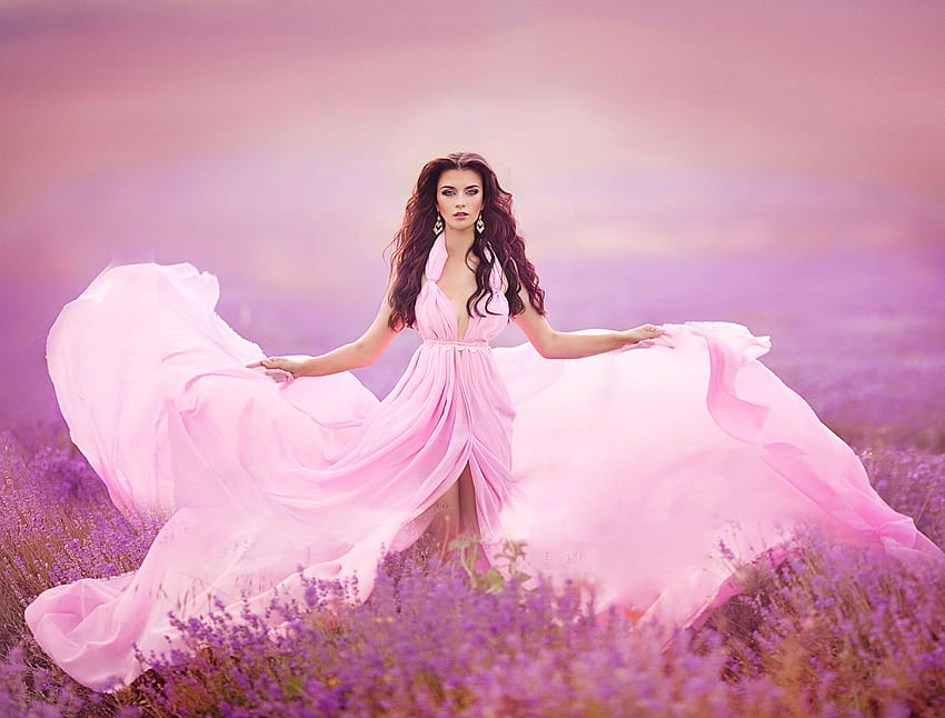Girl with Pink Gown in Lavender Field Full and HD wallpaper | Pxfuel