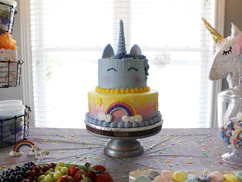 Unicorn , cake, birtay, birtay cake, yellow, blue, rainbow • For You For & Mobile HD wallpaper