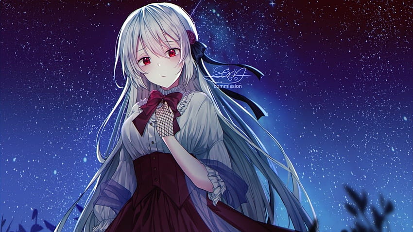 1600x900 Traurigkeit, Anime-Mädchen, trauriger Ausdruck, Sterne, Nacht, rote Augen, graues Haar, Anime-Mädchen mit gebrochenem Herzen HD-Hintergrundbild