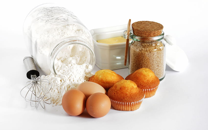 3840x2400 muffins, eggs, flour, pot, sugar, dough HD wallpaper